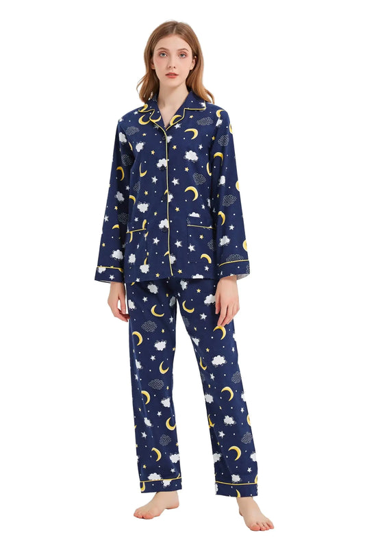 Womens 100% cotton Flannel Pajama Set Cozy Drawstring Waist Winter PJs for Women