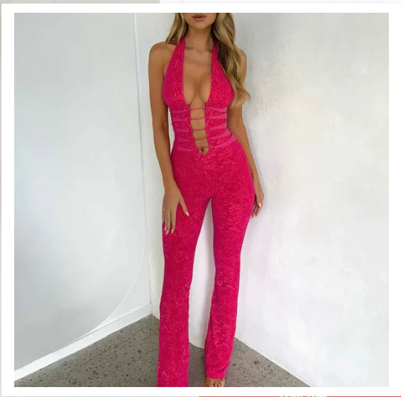 See-Through Lace-Up Slim Fit Jumpsuit