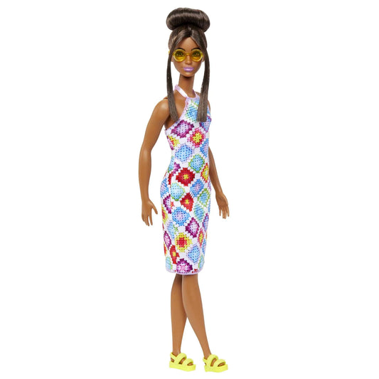 Barbie Fashionistas Doll #210 with Brunette Hair in Bun Wearing Removable Colorful Crochet Halter Dress Sunglasses & Sandals