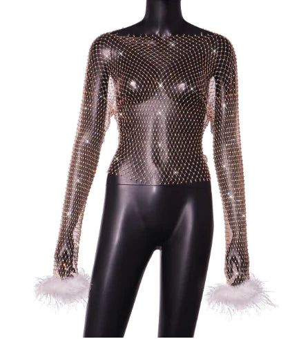 Rhinestone Mesh Hollow Out Long Sleeve Women's Top