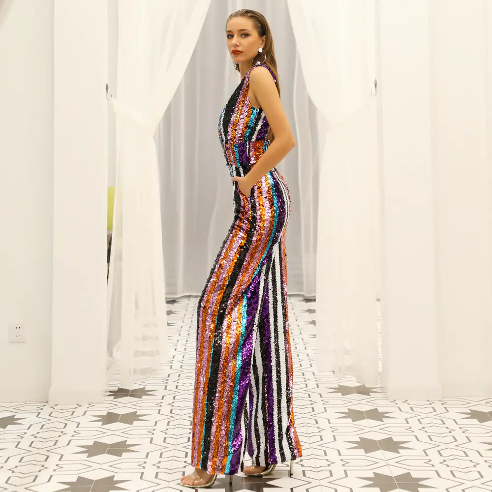 Sexy Deep V Striped Sequin Backless Jumpsuit
