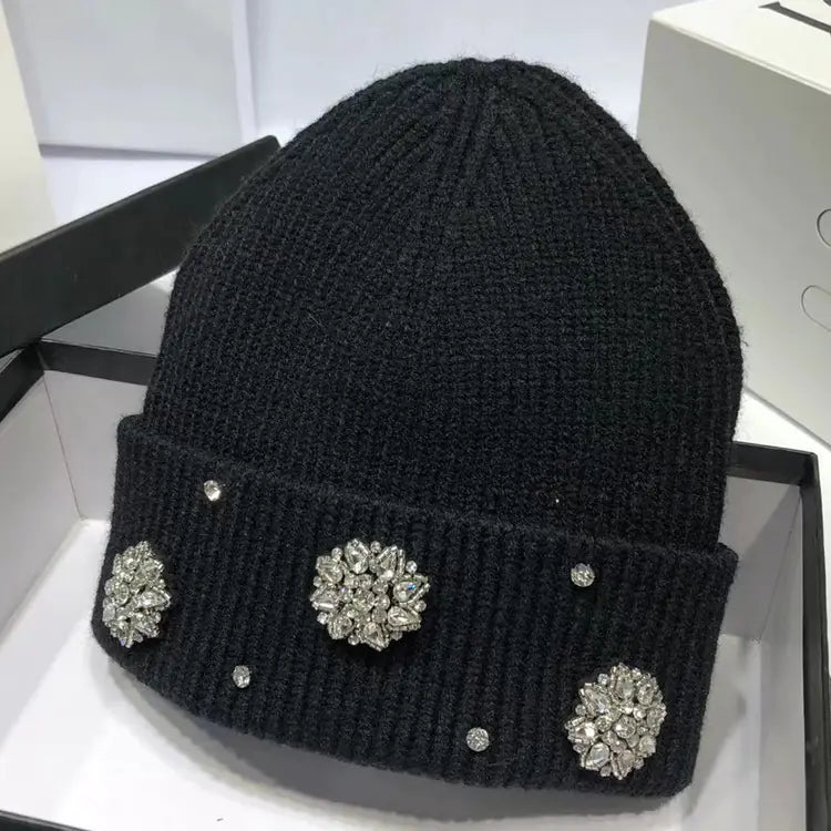 Japanese Style Hand-Stitched Rhinestone Knit Beanie