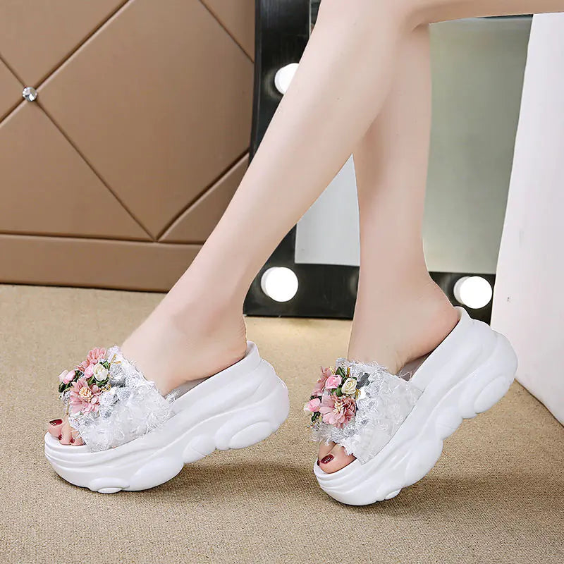 Cute Rhinestone Thick Bottom Flower Sandals for Women
