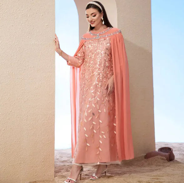 Mesh Embroidery Fashion Cloak Two-Piece Look Hijab Dress