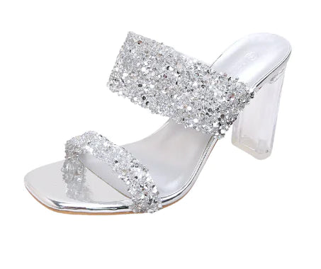 Trendy High Heel Rhinestone Slides