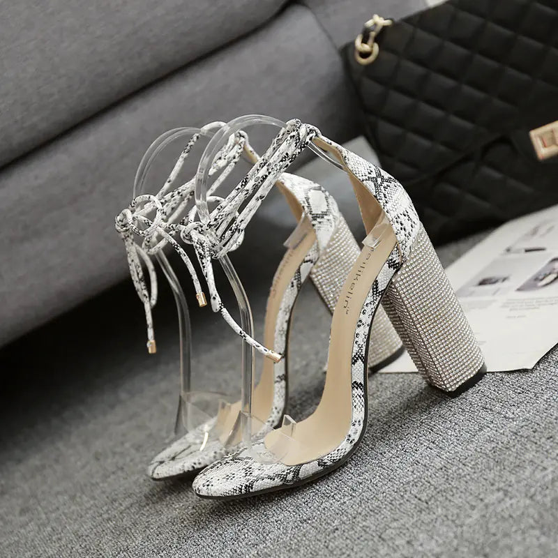 Clear Rhinestone Strap Chunky Heels for Women