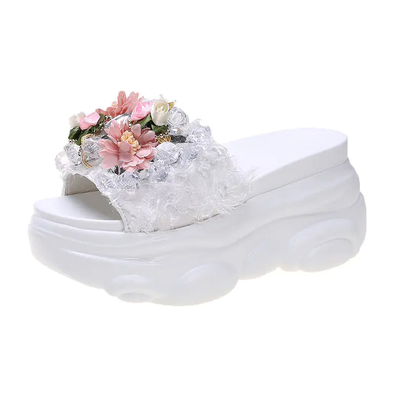 Cute Rhinestone Thick Bottom Flower Sandals for Women