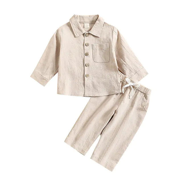 Boys' Cotton Linen Standing Collar Casual Outfit Set