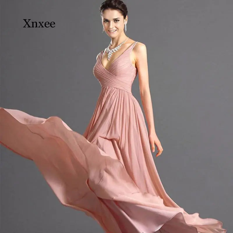 Elegant Backless Deep V Neck Chiffon Maxi Dress