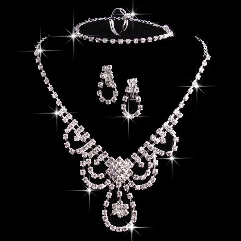 Bridal Jewelry Set with Crystal Necklace, Earrings, Rings