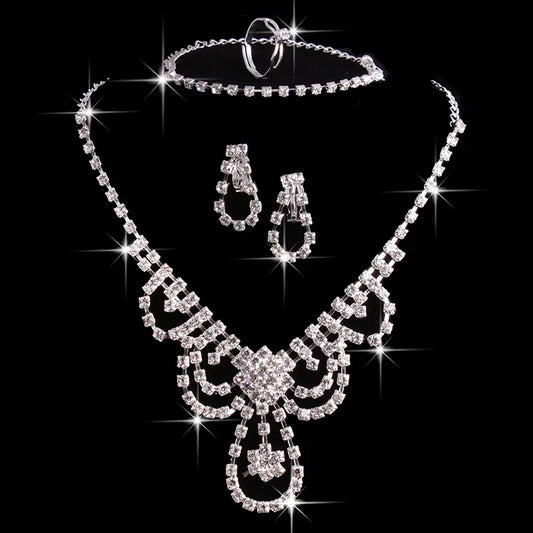 Bridal Jewelry Set with Crystal Necklace, Earrings, Rings