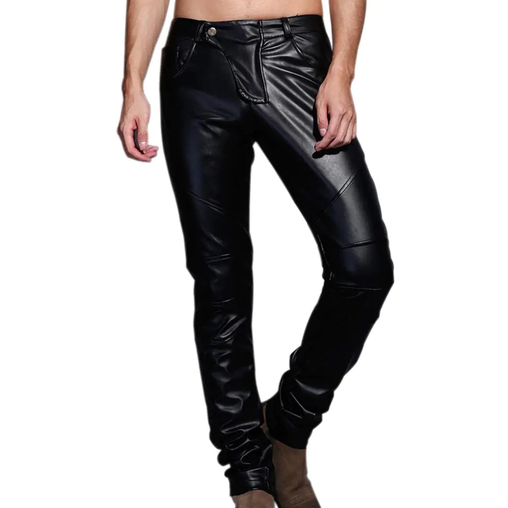 Men's Slim-Fit Spliced Leather Pants