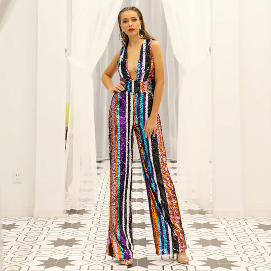 Sexy Deep V Striped Sequin Backless Jumpsuit