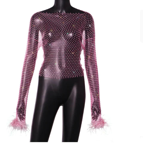 Rhinestone Mesh Hollow Out Long Sleeve Women's Top