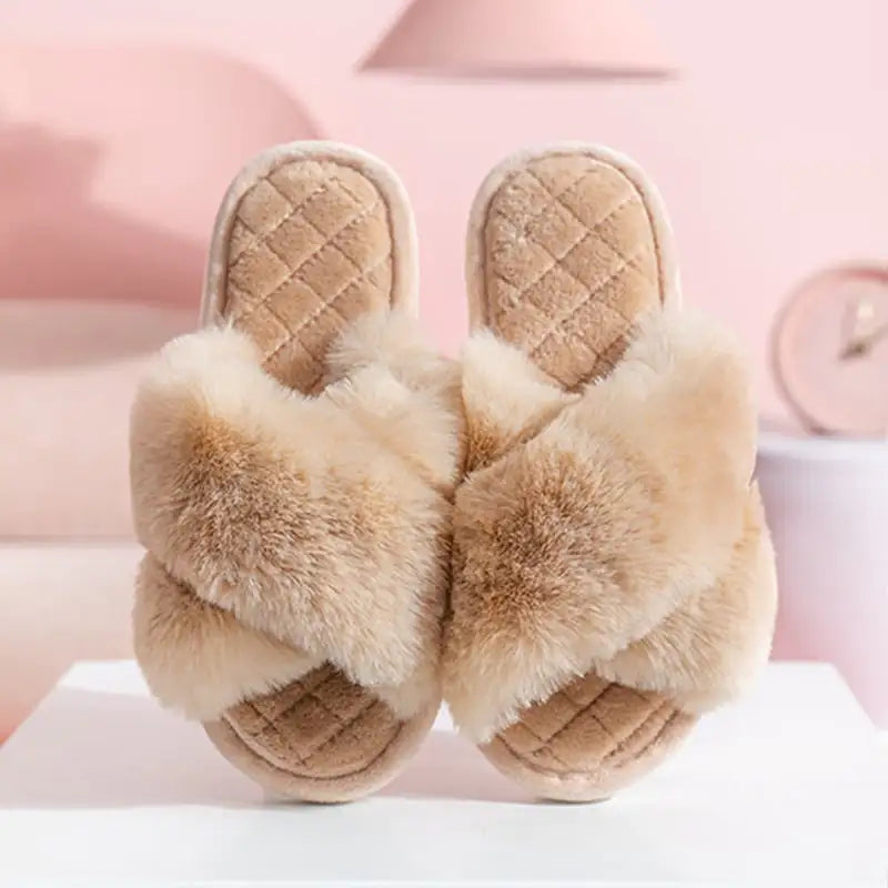 Furry Cross-Strap Slippers for Women - Plush Indoor Slides
