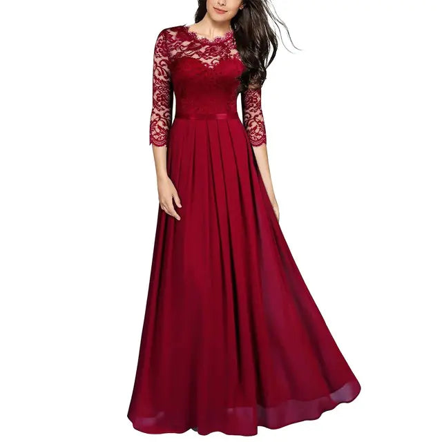 Chiffon Lace Evening Dress with Round Neck for Women