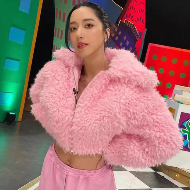 Pink Plush Thick Short Jacket for Women - Y2K Fashion