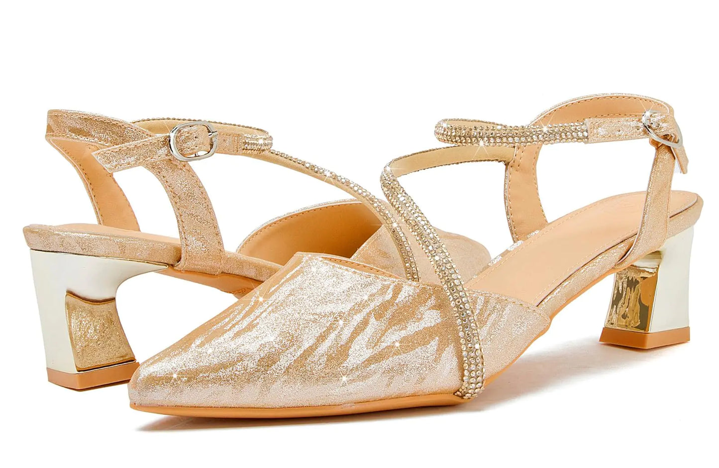 Womens Slingback Low Chunky Heels Closed Pointed Toe Rhinestone Ankle Strap Wedding Party Dress Pump Shoes Gold US Size 5