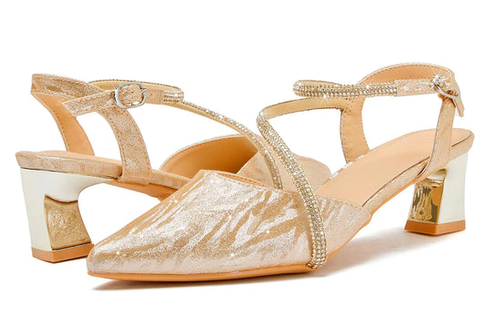 Womens Slingback Low Chunky Heels Closed Pointed Toe Rhinestone Ankle Strap Wedding Party Dress Pump Shoes Gold US Size 5