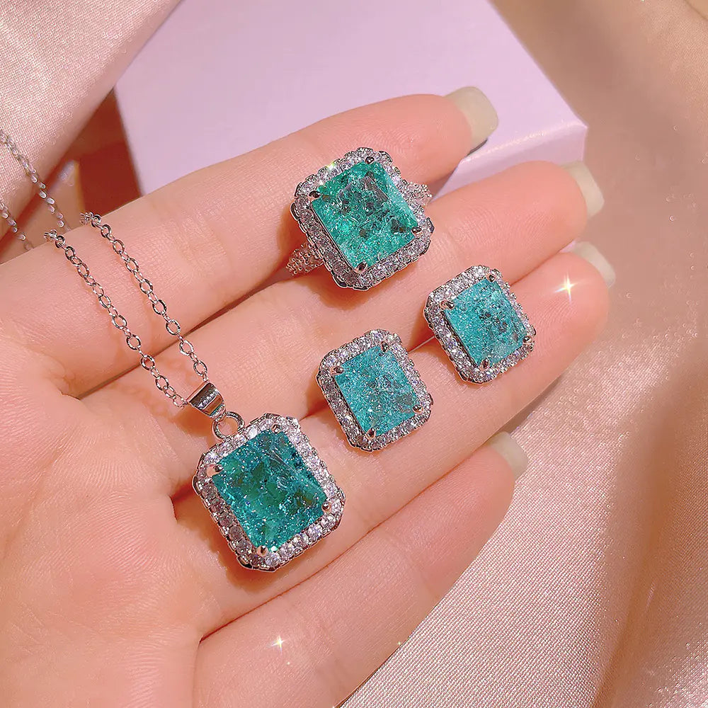 Paraiba Simulation Rings and Ear Studs Necklace Set