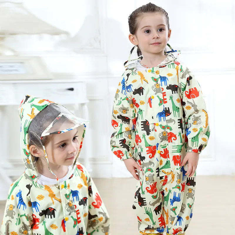 Kids Waterproof Hooded Cartoon Jumpsuit Raincoat