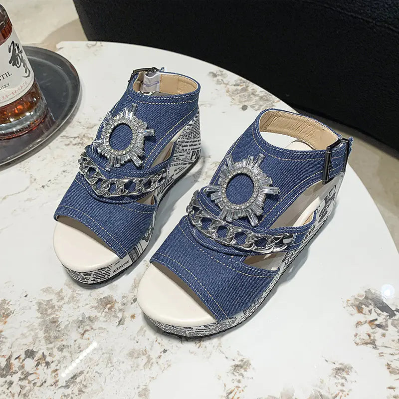 Women's Rhinestone Slingback Wedge Sandals for Outdoors