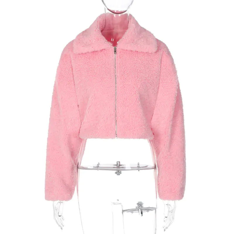 Pink Plush Thick Short Jacket for Women - Y2K Fashion