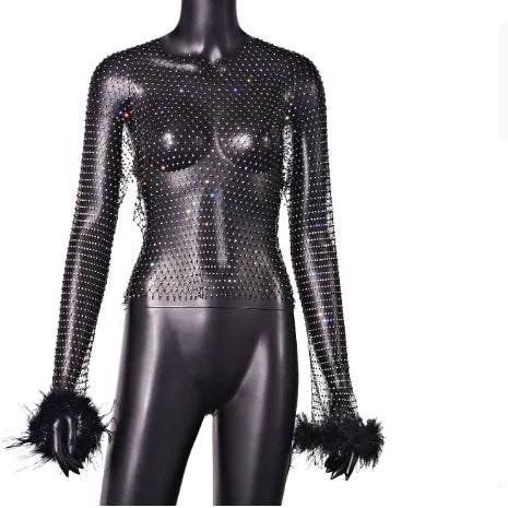Rhinestone Mesh Hollow Out Long Sleeve Women's Top