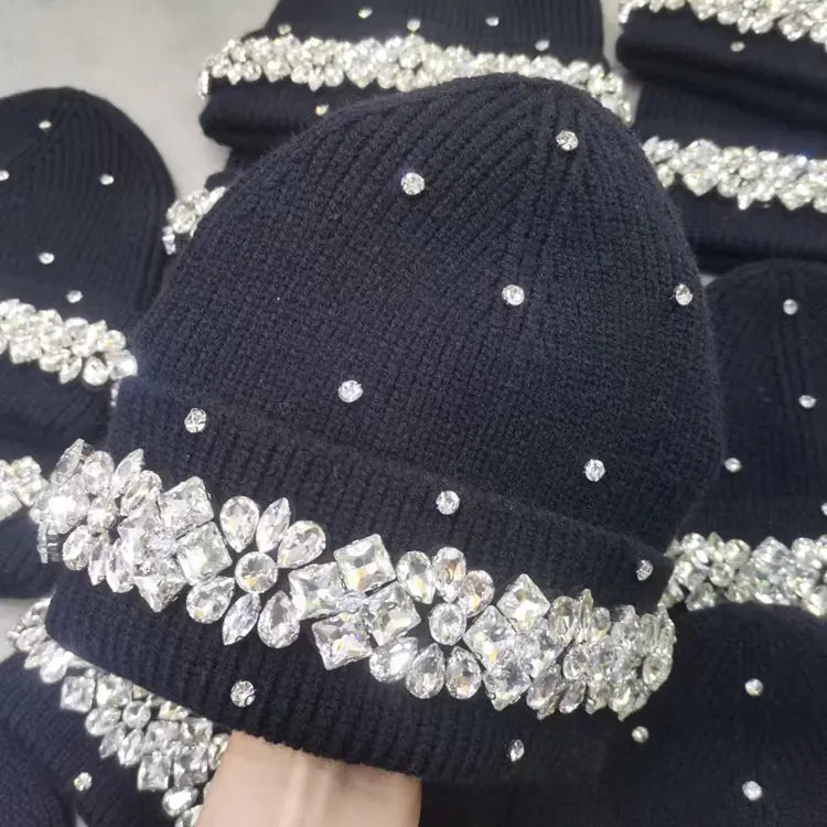 Japanese Style Hand-Stitched Rhinestone Knit Beanie