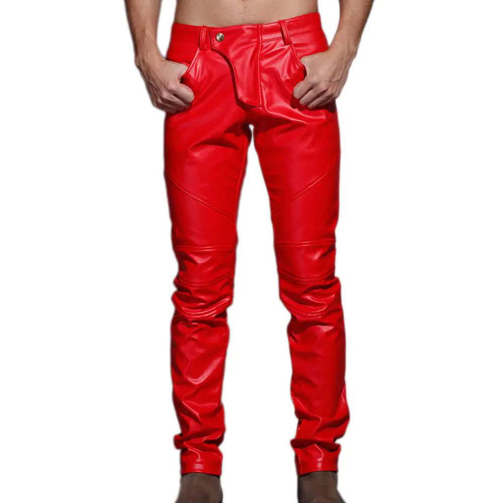 Men's Slim-Fit Spliced Leather Pants