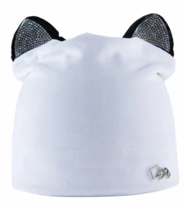 Cat Ear Rhinestone Beanie Hat for Women