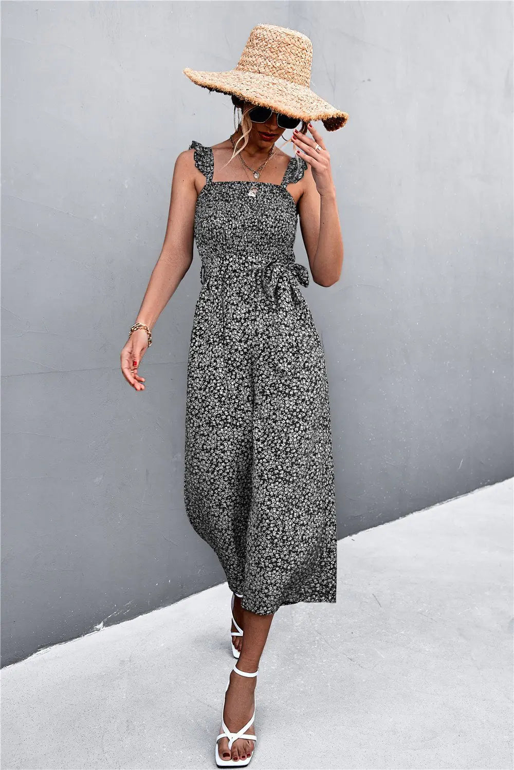 Floral Sleeve Jumpsuit with Flying Sleeves Belt