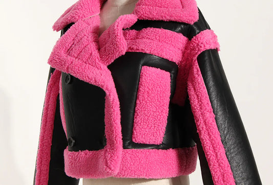 Pink Contrast Faux Fur Biker Jacket