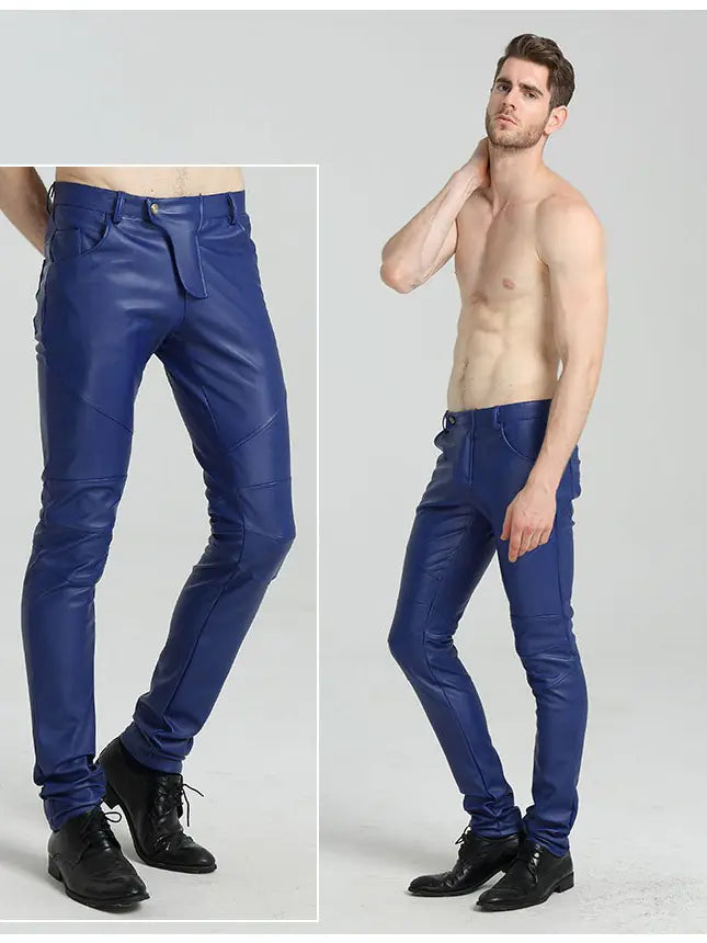Men's Slim-Fit Spliced Leather Pants