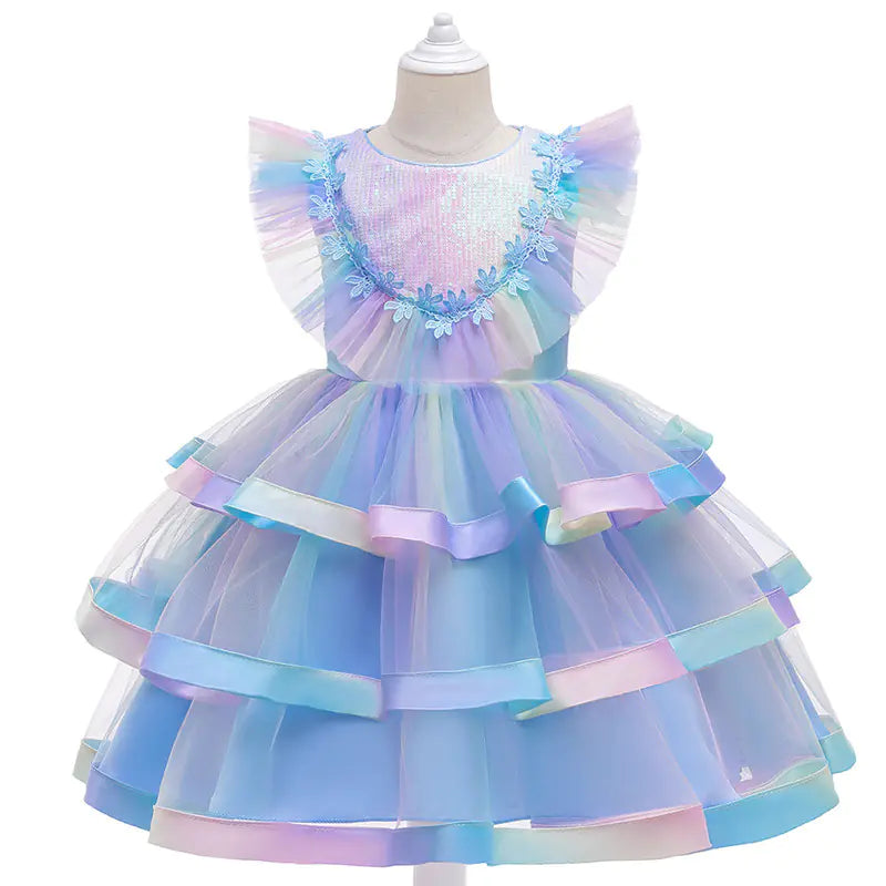 Rainbow Gradient Fluffy Mesh Sequined Princess Skirt