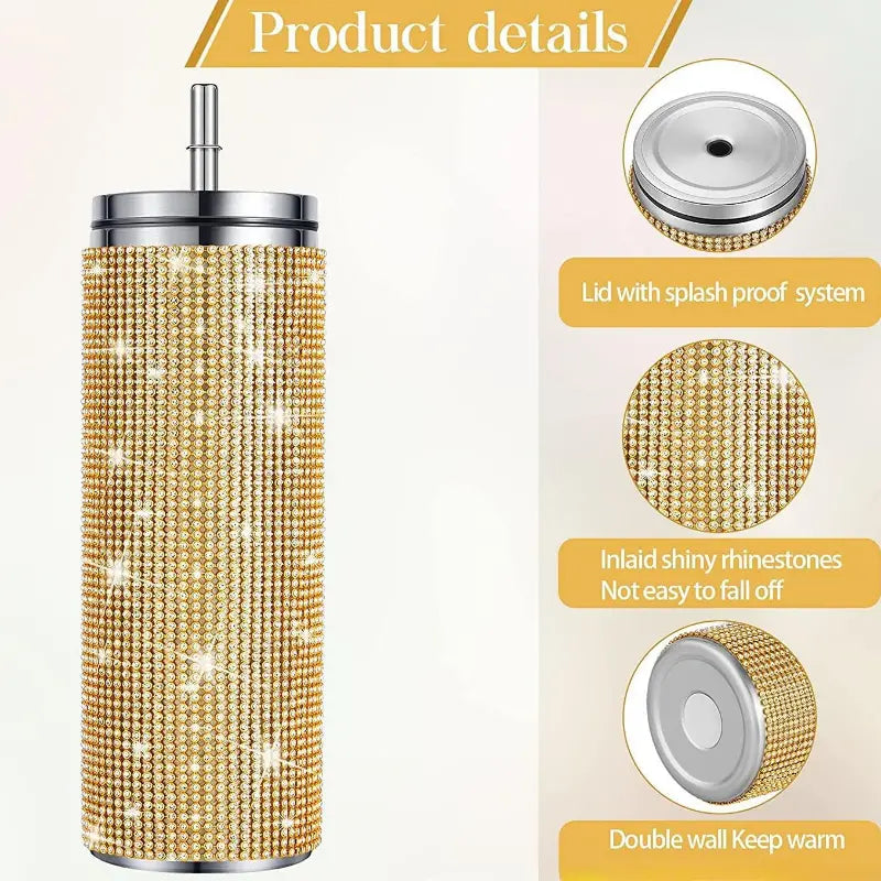 Rhinestone Bling Stainless Steel Tumbler with Straw